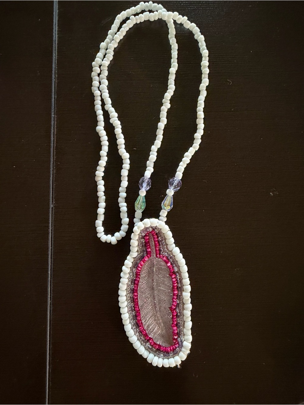 Handcrafted White Beaded Necklace with feather medallion